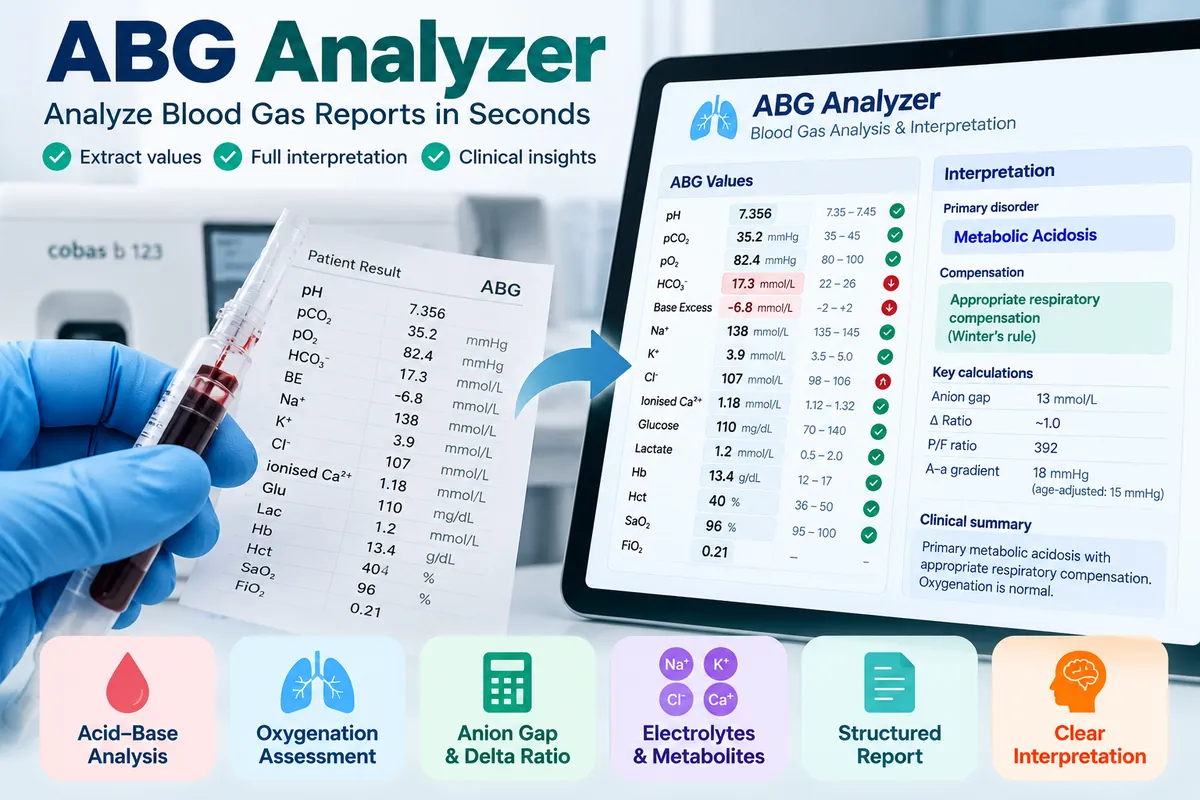 ABG Analyzer showing extracted blood gas values and clinical interpretation